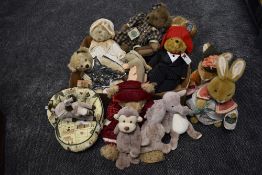 A collection of modern Teddy Bears and Dolls including Steiff Elephant and Hippon both having yellow