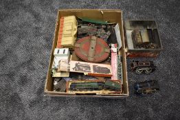A selection of 00 and 0 gauge accessories, trains, rolling stock and track including a Hornby