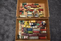 Two boxes of Dinky and similar mixed vintage playworn diecast vehicles including pre and post WW2,