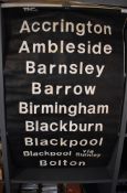 A local interest train tram or bus transportation destination blind for Lancashire and Cumbria