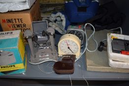 A selection of photographic and cine equipment including Minette viewer editor, Philips slide