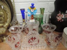 A selection of glass wares including Murano clown figure and Bohemian vase