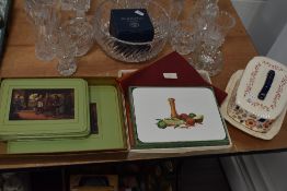 A selection of boxed mid century place mats including melamine,a box of colourful vinatge napkins