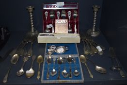 A selection of table wares and cutlery including Caddy spoon marked sterling and similar HM silver