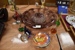 A selection of colour and art glass including candy glass bowl and large smoked glass rose bowl
