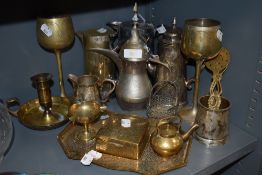 A selection of plated and brass wares including chocolate pot and chamber stick