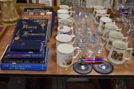 A large selection of Freemason reference and text books also selection of printed glasses etc