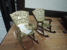 Two vintage brass miniature rocking chairs having Welsh dragons to backs,perfect for Dolls house