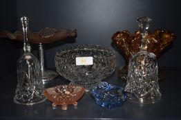 A selection of pressed and colour glass wares including pink footed tazza