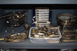 A selection of table and serving items including cutlery and cased Walker and Hall canteen