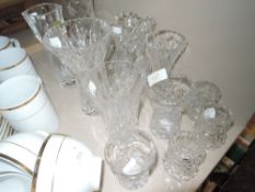 A selection of cut glass and crystal including etched Fuscia vase.