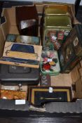 A selection of collectable tins and box also antique drop bottom box dated 1870