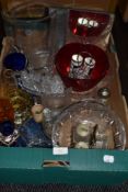 A selection of clear cut colour and art glass including Bohemian painted , ruby red bowl and