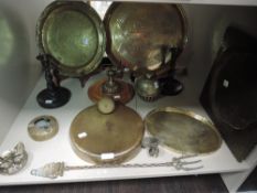 A mixed collection of brass ware amongst which are a dinner gong, Indian bell,pin dish in the form