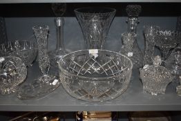 A selection of clear cut and crystal glass wares including fruit bowl and footed tazza