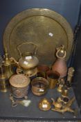A collection of vintage brass and copper including Farrow and Jackson beer keg tap,large embossed
