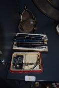 A selection of desk top stationary and ink pens including Parker Wahl and Hm silver