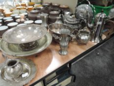 A selection of silver plated and similar metal table wares including pewter tea pot and folding cake