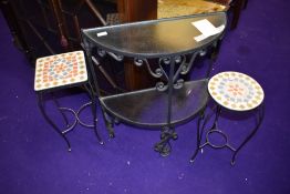 A glass and wrought iron half moon table, approx. Dimensions W61cm D25cm H69cm and two mosaic effect
