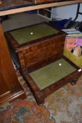 A Victorian mahogany library step, with later leather insets and integral drawer