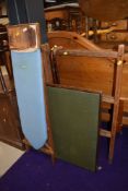 A selection of vintage housekeeping items including wooden ironing board, clothes maid, card table