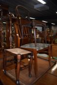 A Victorian bedroom chair, a vintage dining chair and rush seated stool with H stretcher