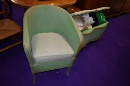 A vintage woven fibre ottoman and tub chair