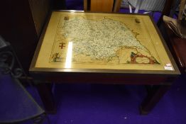 A vintage coffee table, depicting Blaue map of Yorkshire, approx. 64 x 49cm