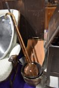 A selection of items including oak and copper bound bucket, chesnut roaster, tray etc