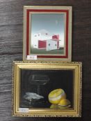 An oil painting on board, N Black, deck of cards, signed, 15 x 12cm, framed , and an oil painting on