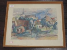 A print, in the style of Buffet, French landscape, 30 x 40cm, framed and glazed