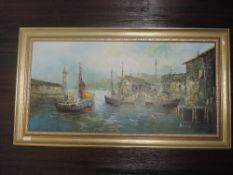 An oil painting, Lomond, harbour scene, indistinctly signed, 44 x 89cm, framed