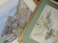A watercolour, W Downs, townscape, signed, 27 x 19cm, framed and glazed, and a watercolour,