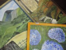 Three acrylic paintings, stream, 56 x 43cm, country landscape, 55 x 42cm, and still life, 50 x 40cm,