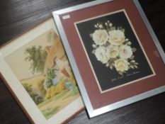 A watercolour, AB, thatched cottage, monogrammed and dated 1936, 35 x 27cm, framed and glazed, and a