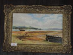 An oil painting on board, JW, estuary landscape, monogrammed, and dated 1880, 20 x 33cm, framed