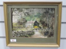 A watercolour, K Lund, Cromwells Cottage Malham, attributed verso, 18 x 25cm, framed and glazed