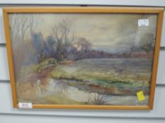 A watercolour, John Barron Daniell, river landscape, early 20th, 24 x 34cm, framed and glazed