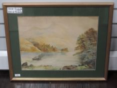 A watercolour, J Crosswell, Lake Scene, signed and dated 1913, 36 x 48cm, framed and glazed