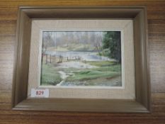 An oil painting on board, Marion Bradley, woodland tarn, signed, 11 x 16cm, framed