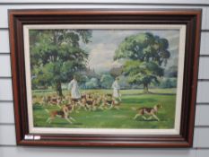 An oil on board, Joseph Appleyard, Hounds in the Park, signed and attributed verso, 40 x 59cm,