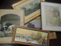 A pair of gouache paintings, cottage landscapes, 19 x 36cm, framed and glazed, a watercolour R J