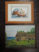 A watercolour, Mick, Wain style cats, 17 x 26cm, framed and glazed, and an oil painting on board,