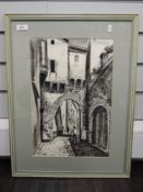 A print, after, Diaz, street scene, 39 x 26cm, framed and glazed