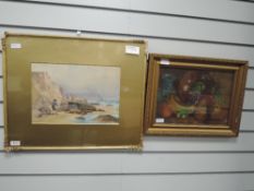 A watercolour, F Hargreaves, coastal landscape, signed, 24 x 35cm, framed and glazed, and an oil