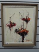 An oil painting on board, stylised boats, 44 x 33cm, framed