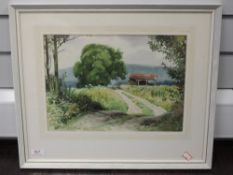 A watercolour, Geoffrey H Pooley, country barn, signed and dated 1971, 25 x 35cm, framed and glazed