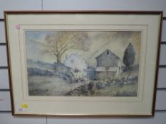 A watercolour, Alan Collister, Building on Kirkby Moor, signed and attributed verso, 27 x 46cm,