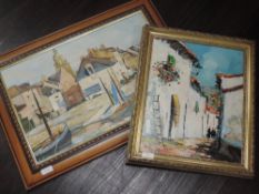An oil painting on board, Continental townscape, indistinctly signed, 39 x 31 cm, and an oil