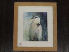 A watercolour, Sally T Kindness, heron, signed, 22 x 18cm, framed and glazed